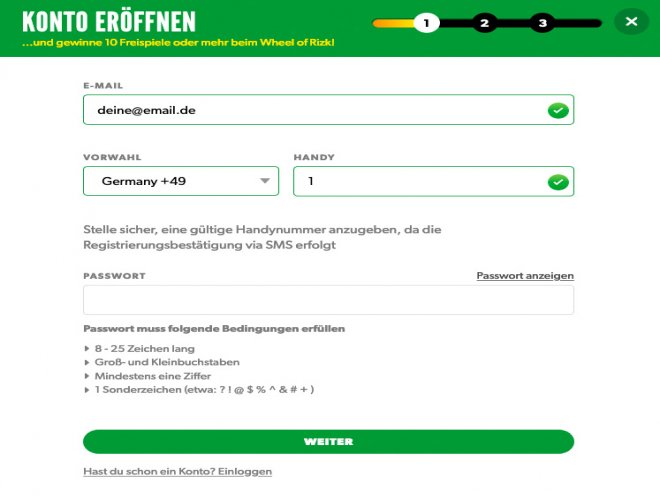 Anmeldeformular im Online Casino